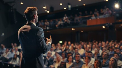 man giving a lecture in a conference room in front of people with a microphone and good lighting in high resolution - obrazy, fototapety, plakaty