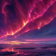 静かな山の湖に広がるカラフルなオーロラの夢景色テクスチャ背景

