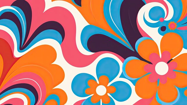 Groovy psychedelic 60s and 70s retro floral pattern. Hippie trippy abstract colorful background in vector. Vintage wallpaper.