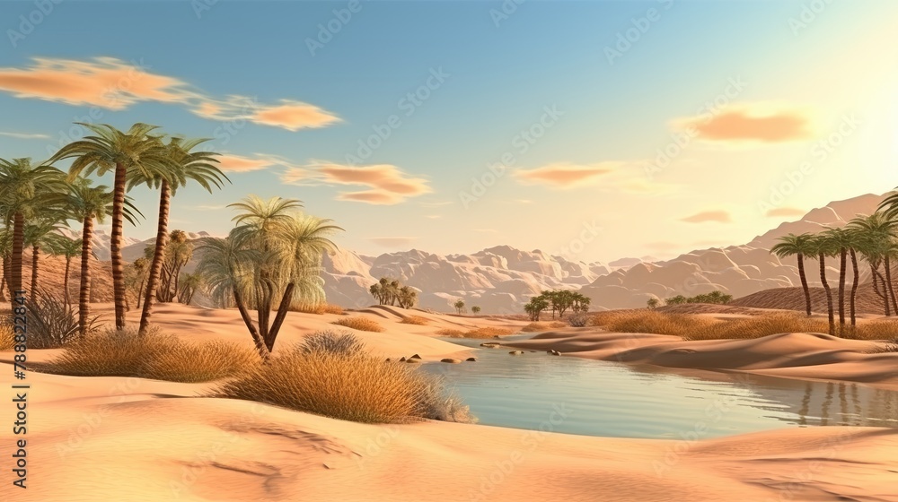 Poster this is a beautiful landscape of a desert oasis. the oasis is surrounded by palm trees and has a sma