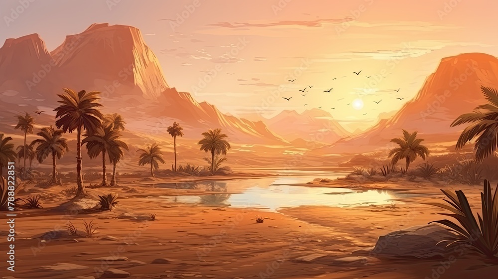 Poster this is a beautiful landscape of a desert oasis. the warm colors of the sunset sky and the lush gree