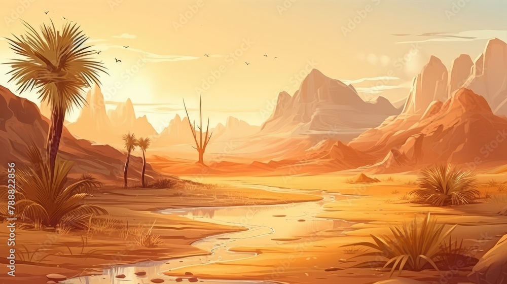 Poster this is a beautiful landscape of a desert with a river running through it.