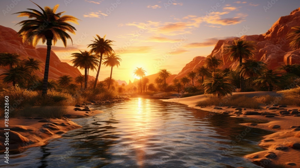 Poster an oasis in the middle of the desert with palm trees and a river running through it. the sun is sett