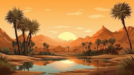 This is a beautiful landscape of a desert oasis. The sun is setting over the sand dunes, and the palm trees are reflected in the water.