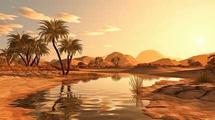 Obraz premium This is a beautiful landscape image of a desert oasis. There are palm trees, water, and mountains in the background. The colors are warm and inviting.