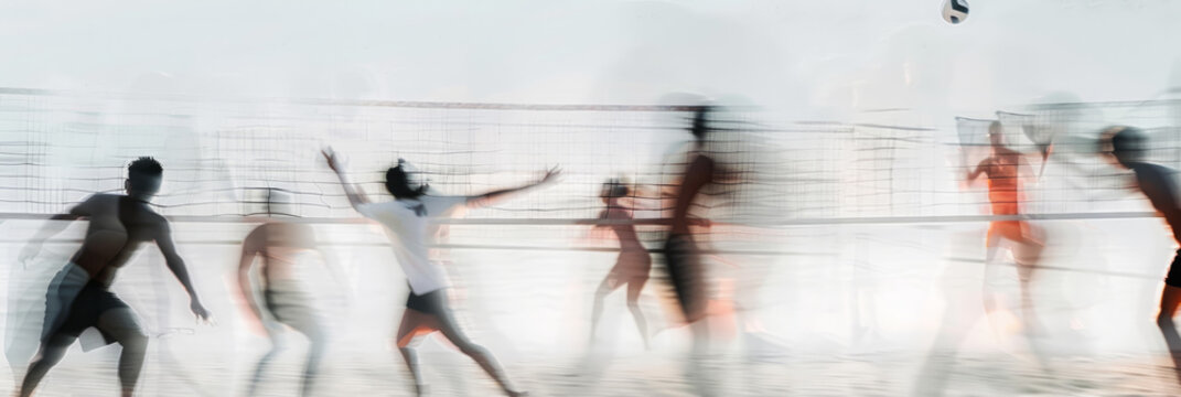 a long exposure photograph of multiple people beach volleyball players, motion blur