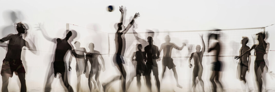 a long exposure photograph of multiple people beach volleyball players, motion blur