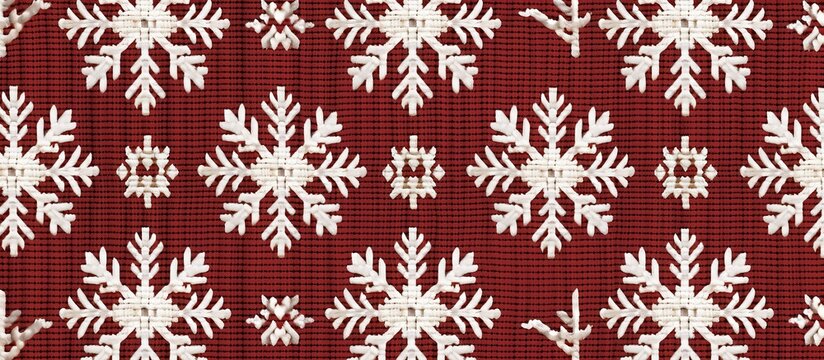 background of Pixelated Sweater texture. A digital knit pattern that looks like a cozy sweater, with pixelated snowflakes on a red background