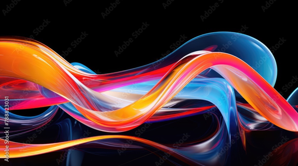 Poster 3d rendering. abstract twisted shape. multicolored bright object on a black background.