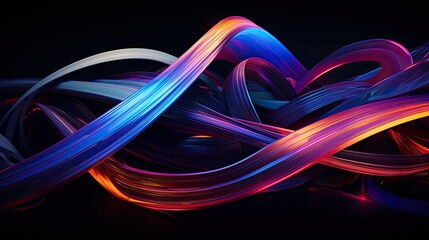 3D rendering of intertwined multicolored glowing neon ribbons. Abstract background with vibrant colors and smooth lines.