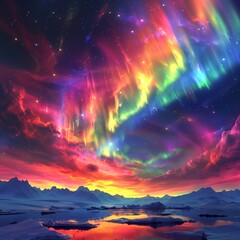 Naklejka premium 静かな山の湖に広がるカラフルなオーロラの夢景色テクスチャ背景
