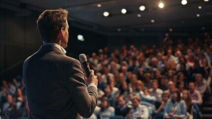 man giving a lecture in a conference room in front of people with a microphone and good lighting in high resolution and high quality. concept conferences, teacher, speech, talk