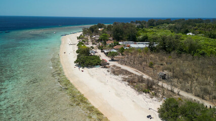 Amazing aerial view of Gili Meno coastline on a sunny day, Indonesia