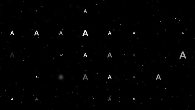 Template animation of evenly spaced capital letter A symbols of different sizes and opacity. Animation of transparency and size. Seamless looped 4k animation on black background with stars