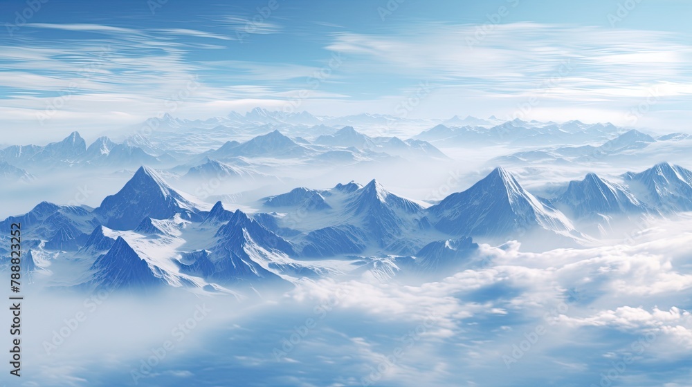 Poster the mountain range is covered in snow and ice. the peaks are sharp and the valleys are deep.