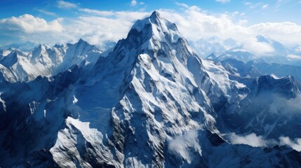 A majestic snow-capped mountain peak rises high above the clouds. Its rugged slopes are covered in snow and ice.