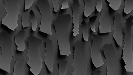 3d render, abstract minimalist black background. Ripped paper pieces macro. Dramatic wallpaper