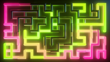 3d render, abstract background. Toxic energy inside the virtual pipeline. Pink green neon labyrinth, fantastic maze glowing in the dark - 788823473