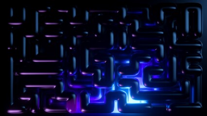 3d render, abstract neon background of futuristic pipeline, ultraviolet maze glowing in the dark