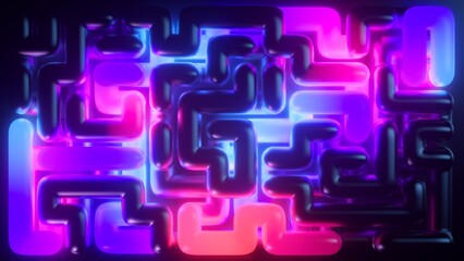 3d render, abstract neon labyrinth background. Pink blue bright light inside the ultraviolet maze...