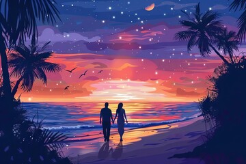 romantic couple walking handinhand along serene beach at sunset tranquil relationship concept illustration