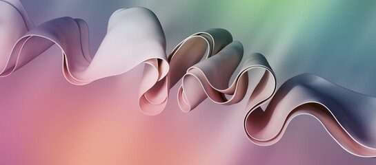 3d render, abstract background of folded ribbons layers. Minimalist fashion wallpaper of pale pink...