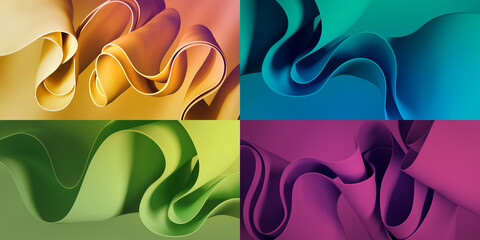 3d render, set of abstract colorful backgrounds. Paper folds and layers. Minimalist fashion wallpaper of curvy folded ribbons