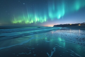 The sky is filled with auroras and the ocean is calm - obrazy, fototapety, plakaty