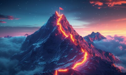 A mountain with a red flag on top and a red line on the side