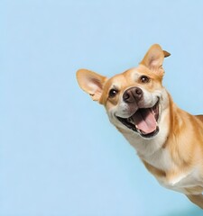 A smiling tan dog with its tongue out against a solid background