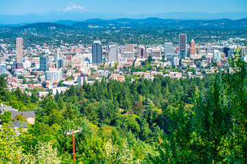 Aerial view of Portland skyline on a beautiful sunny day, Oregon