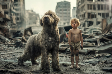 Boy sad alone child hugs dirty dog, ruined house, destroyed city street post apocalyptic scene.