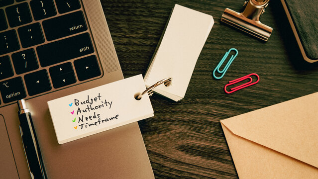 There is word card with the word Budget Authority Needs Timeframe. It is as an eye-catching image.