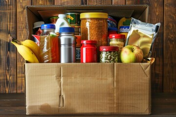 overflowing cardboard box with assorted grocery items for charity donation