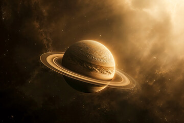 Wallpaper of Saturn in space illuminated by warm bright light. 