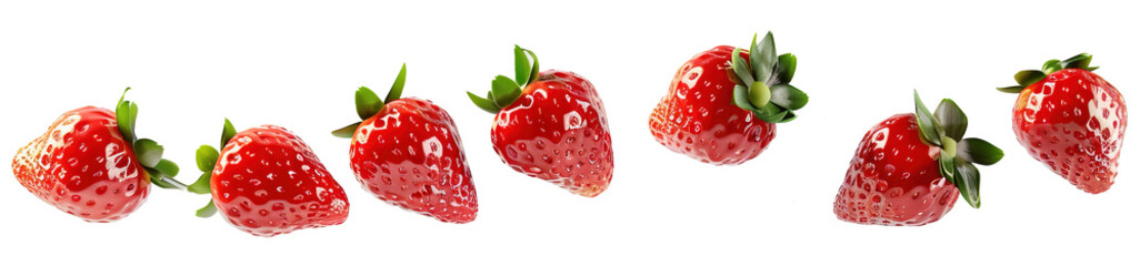 Delicious ripe strawberries floating over isolated transparent background