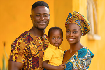 Nigerian African family portrait wearing traditional costume. Couple holding baby boy and smiling at camera