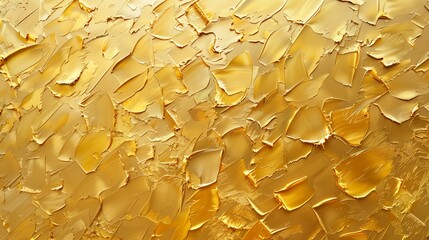 Gold texture, broken gold foil and golden cracks on the wall. Closeup of large area of textured golden metal surface. Generated by artificial intelligence.