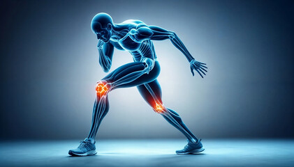 2D Illustration of a running man with painful knee joint highlighted, kneecap, 3D rendering. Problem of joint diseases, medical topics. Painful joints created with generative ai	