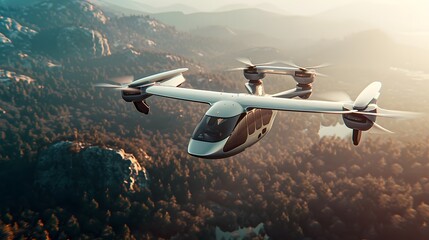 Conceptual eVTOL (electric vertical take-off and landing) aircraft flying over rural areas
