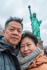 Selfie of mature retired Asian American couple enjoying vacations in New York with Statue of Liberty as background. Vertical image