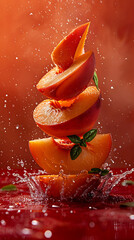 Beautiful presentation of Sliced peaches, hyperrealistic food photography