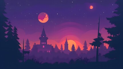 Enchanting Twilight Silhouette of a Church and Trees Against a Purple Sky with Celestial Bodies