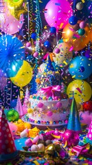 Brightly colored balloons and confetti are scattered around a birthday cake. Holiday event background . Vertical background 