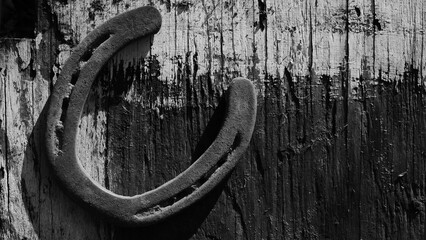 Old grunge rustic horseshoe on wood texture black and white western background.
