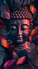 colorful illustration of Peaceful Buddha Surrounded by Green Leaves in Dark Background

