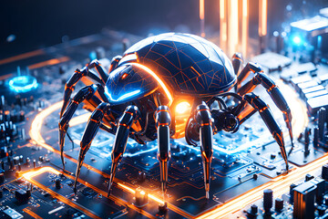 Glowing cyber neon microchip spider networked on a digital data spider web mesh, Cybersecurity protect and hack system concept