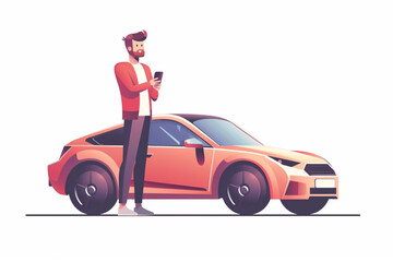 Happy man is standing next to the car and looking at the screen of a smartphone. Vector illustration 3D avatars set vector icon, white background, black colour icon