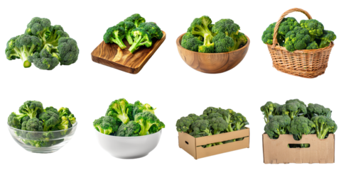 Ripe broccoli png set collection in 3d transparent no background.