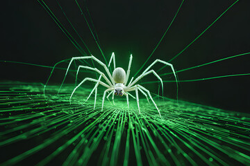 Glowing cyber neon microchip spider networked on a digital data spider web mesh, Cybersecurity protect and hack system concept